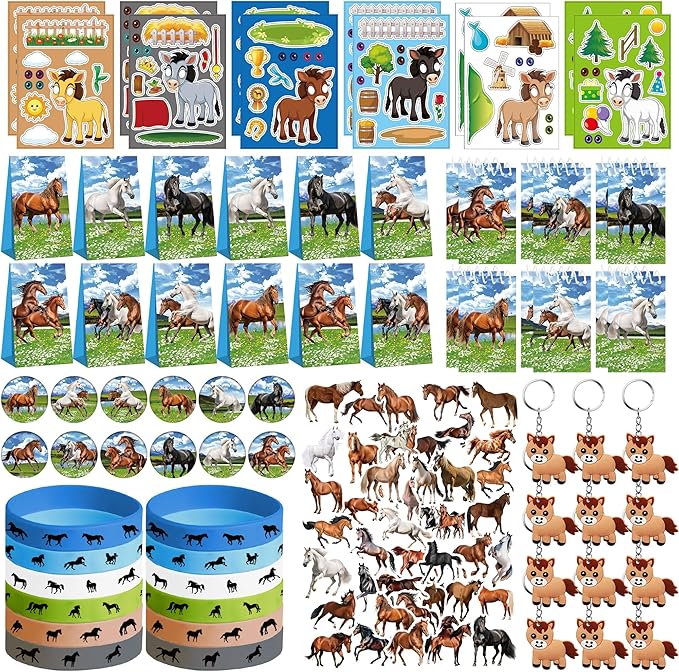 113 PCS Horse Party Favors Set, 41 Horse Stickers, 12 Goodie Bags,12 Button Badges, 12 Keychains, 12mini notepads,12 rubber bracelets for Cowboy Cowgirl Animal Horse Birthday Party Supplies (Blue)