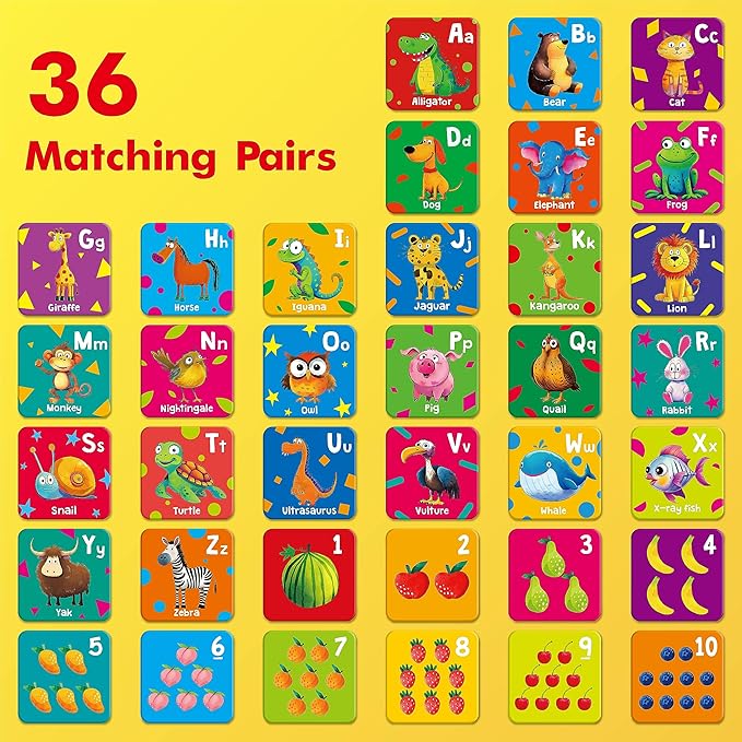 Hebayy 72 PCS Memory Matching Game, Alphabet & Numbers Matching Cards for Toddlers 36 Pairs Memory Cards for Preschool 4 5 6 Years Old