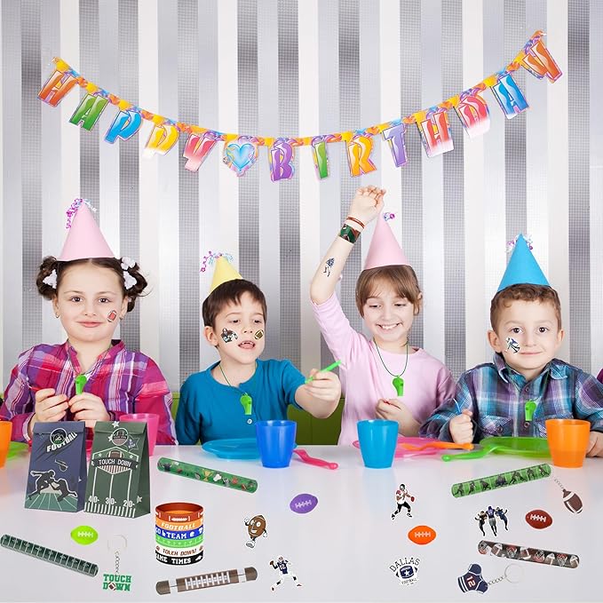 134 Pcs Football Party Favors Set 12 Silicone Bracelet 12 Whistles 12 Keychains 12 Slap Bracelet 12 Tattoo Stickers 12 Fidget Spinners 12 Gift Bags 50 Football Stickers for Football Party Supplies