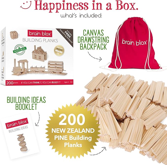 Natural Wooden Blocks for Kids Ages 4-8 - Montessori Blocks for Hands-on Learning - STEM and Architecture for Kids (200 Building Blocks)