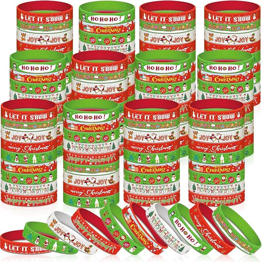 Syhood 200 Pieces Christmas Silicone Bracelets Rubber Wristbands Bulk Merry Christmas Bracelets Gifts for Kids Adult Xmas Party Favors Stocking Stuffers, 10 Style (Red, Green, White)