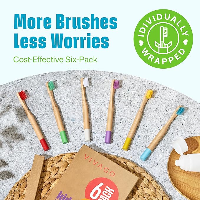 Kids Bamboo Toothbrushes Soft Bristles 6 Pack - Biodegradable Wooden Children Toothbrush Set - Eco-Friendly Natural Kids Toothbrush