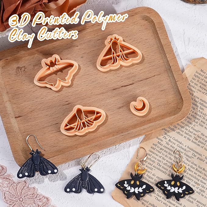 Puocaon Celeste Moth Clay Cutters - 4 Shapes Polymer Clay Cutters for Earrings, Moth Moon Shape Clay Cutters for Polymer Clay Jewelry Making, Mystical Moth Clay Cutter Supplies Clay Earring Cutters