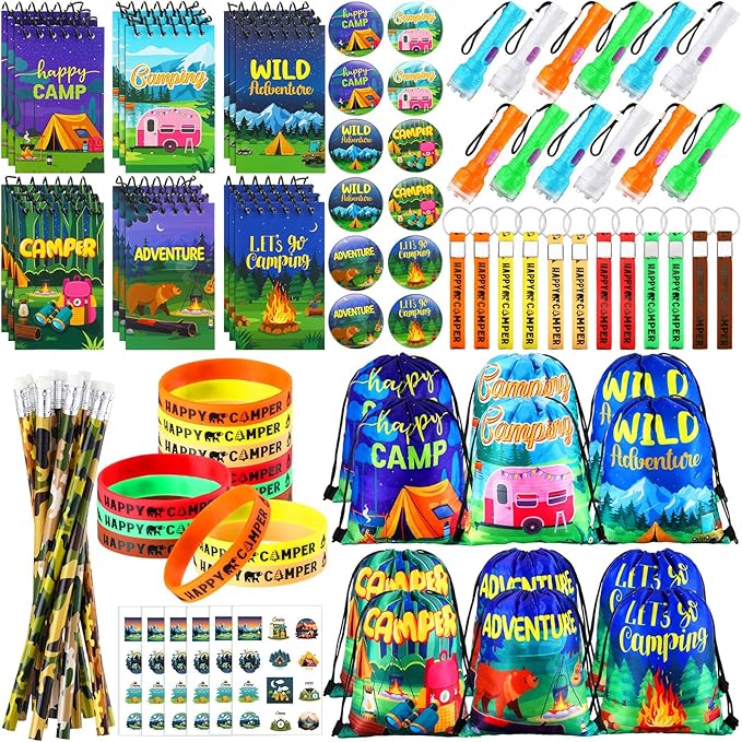 Zhanmai 140 Pcs Camping Party Favors Include Silicone Bracelets, Stickers, Camping Keychain, Badge, Camouflage Pencils, Spiral Camp Adventure Theme Notepads Drawstring Bags Mini Flashlight for Kids
