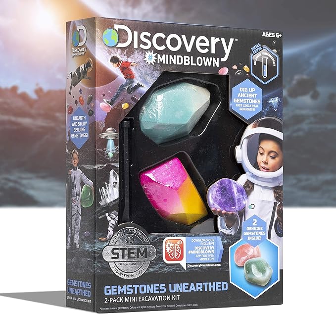 Discovery #MINDBLOWN Mini Unearthed Gemstones Dig Set, 2 Pack Excavation Kit w/Chisel, App & Poster, Interactive Archaeology Geology Experiment, Fun & Educational Science STEM Toy for Kids 6+