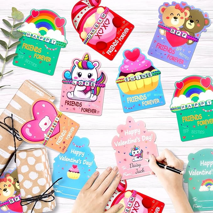 LINAYE Valentines Day Cards for Kids Classroom, 24 Pack Valentines Gift Cards with Friendship Bead Bracelets, Valentines Gift Exchange for Boys Girls, Valentines Party Favors Supplies for Kids