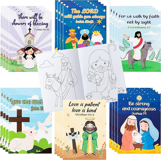 ANGOLIO 24PCS Christian Bible Coloring Book for Kids Easter Holiday Activities Coloring Books Bible Verse Drawing Supplies for Sunday School Classroom Rewards Goodies Bag