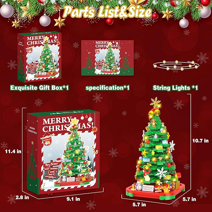 Christmas Tree Building Blocks Kit with Lights, Compatible with Lego Christmas Tree Toy Building Sets, Creative Christmas Decor Building Toys for 6+ Year Old Boys/Girls