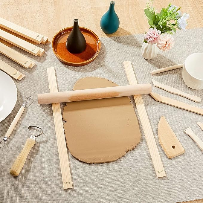 Sasylvia 20 Pcs Pottery Rolling Pin Guides Wood Teaching Rolling Mud Stick Guide Set Polymer Clay Depth Guide Pottery Tools Clay Mudboard Tools (5 Size,Wood Color)
