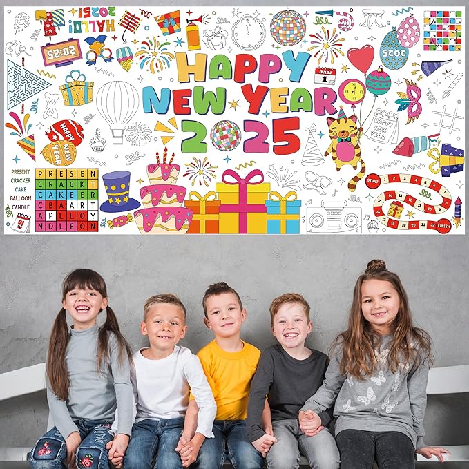 YQUQWN Giant Happy New Year 2025 Coloring Poster - 35.5×72 Inch Disco Ball Poster Tablecloth - Happy New Years Eve Crafts Party Favors - 2025 New Year Kids Activities Party Decoration Supplies