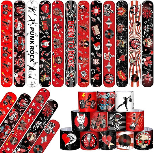 48PCS Rock and Roll Party Favors Slap Bracelets Wristbands Rock Star Party Decorations Supplies for 80s 90s Born to Rock Rock Fake Musician Guitar Rap Theme Party