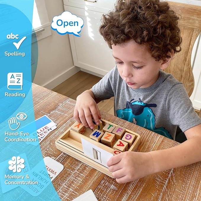 BenBen Spelling Games with 110 Flash Cards, Montessori Toys for 3 4 5 6 Years Old Kids, Wooden Matching Letters Toys, CVC Word Educational Learning Toys, Gift for Preschool Kindergarten