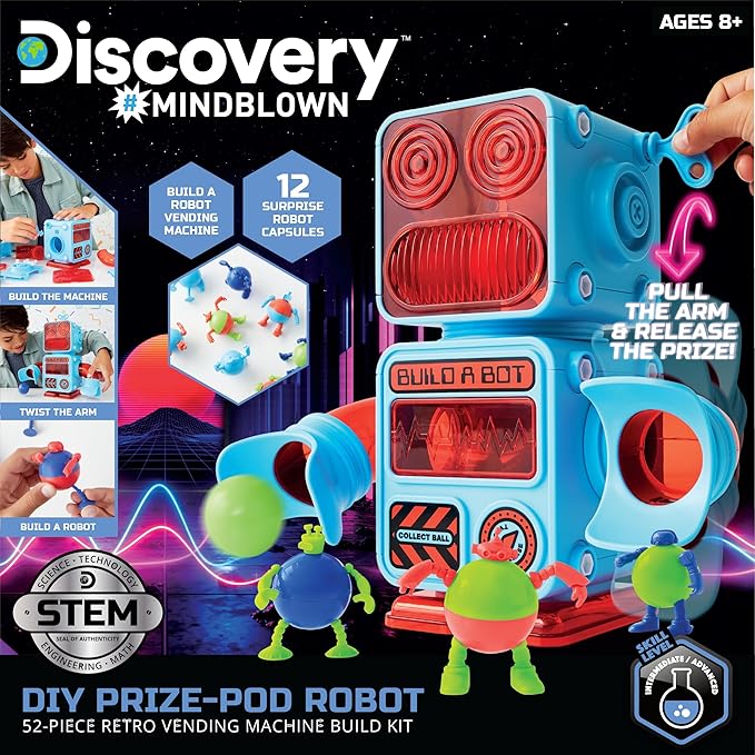 Discovery™ #MINDBLOWN DIY Prize-Pod Robot Kit, 52-Piece Vending Machine Building Set, 12 Transforming Capsules, Educational Science Experiment, Engineering STEM Project, Robotics Toy Gift Kids Age 8+