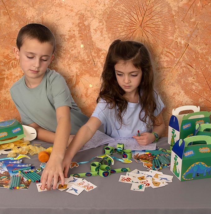 Tigerdoe Dinosaur Party Favor Set – Dragon Birthday Party Decorations - Dino Party Supplies – Dragon Party Favor Boxes - Coloring Books, Crayons, Slap Bracelets, tattoos