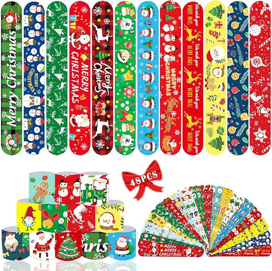 Viicoor Slap Bracelets Christmas 48 PCS Snap Bracelet Wrisrtband for Party Favors Basket Bag Filler School Prizes Gifts Party Favors Bulk