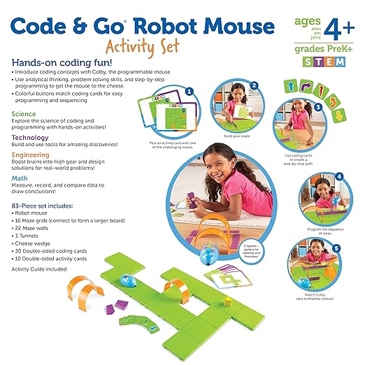 Learning Resources Code & Go Robot Mouse Activity Set, Screen-Free Early Coding Toy for Kids, Interactive STEM Coding Pet,Back to School,Ages 4+,83 Pieces