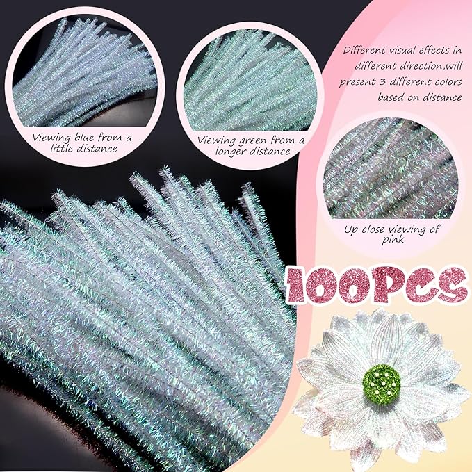 TOAOB 100pcs Christmas Glitter Pipe Cleaners Colorful Metallic Pipe Cleaners Craft Supplies 6mm x 12 Inch Chenille Stems Pipe Cleaners for Art DIY Crafts Decorations