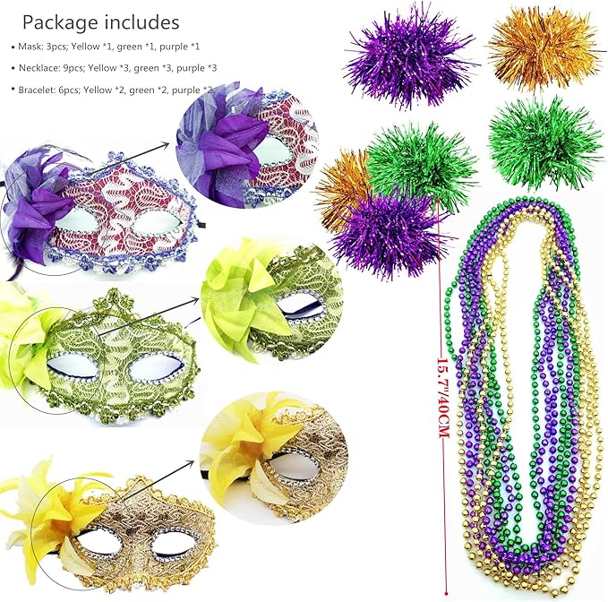 Qiandier 18pcs Mardi Gras Masks Bead Necklaces Bracelet Feathers Women Masquerade Party Mask Purple Green Gold