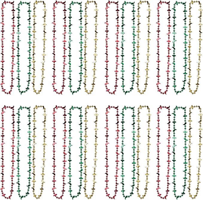 Beistle S57262AZ4 Plastic Fiesta Beaded Necklaces 24 Piece Mexican Party Supplies Chili Pepper Sombrero Favors, 33", Red/Green/Yellow