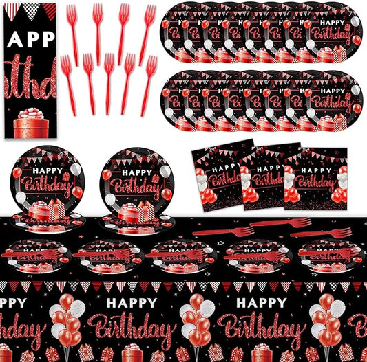 Red and Black Birthday Party Supplies Confetti Sprinkles Happy Birthday Party Tableware Includes Party Plates Napkins Fork and Red and Black Tablecloth for Birthday Parties Decorations Set Serve 20