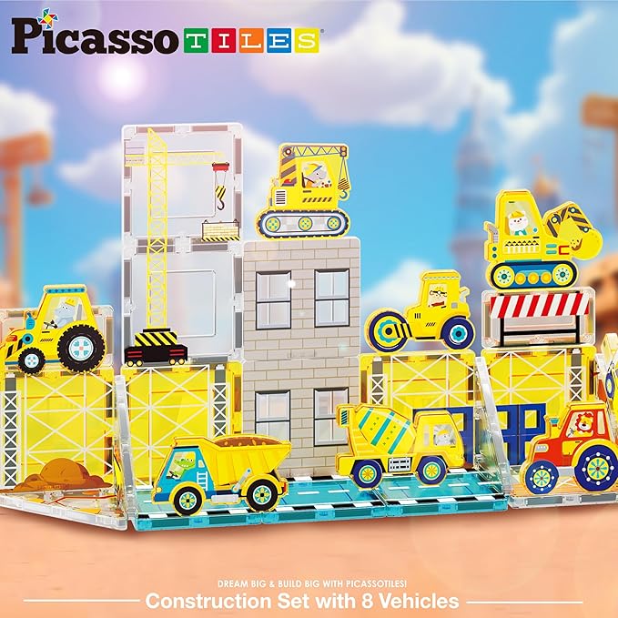 PicassoTiles Magnetic Tile Construction Set with 8 Vehicle Figures and 18 Printed Panels STEM Educational Building Kit for Kids Age 3 Plus Creative Play Learning Blocks Motor Skills Development PTQ21