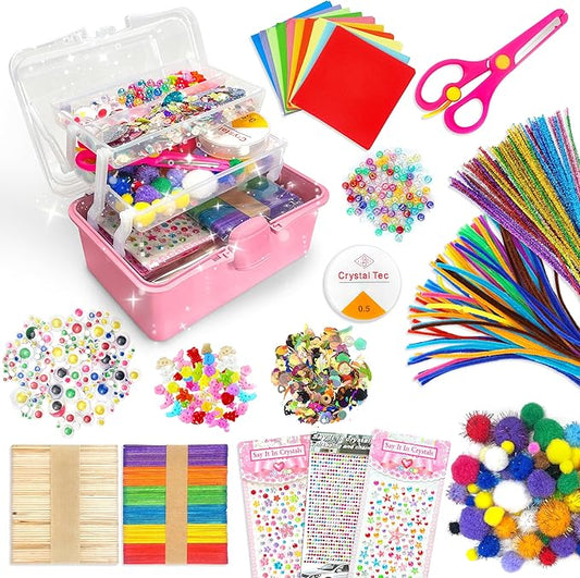 LINAYE 2500+PCS Arts and Crafts Supplies for Kids, DIY Craft Supplies Kit Box for Ages 6-8, Arts and Crafts Kit for Kids, Crafting Supply Set for Girls Boys Birthday Christmas Gifts, Pink