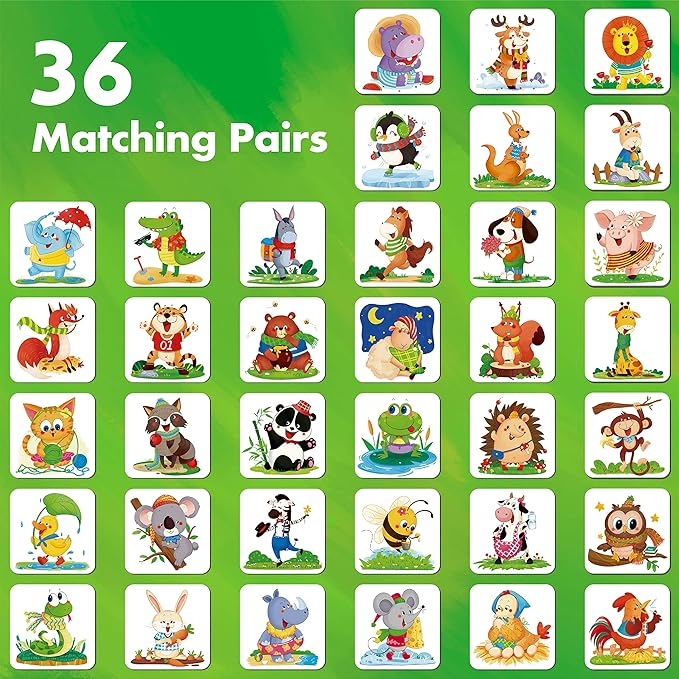Hebayy Memory Matching Game, 72 PCS Animals Matching Cards for Toddlers 36 Designs Memory Cards Educational Learning Toys for Preschool 4 5 6 Years Old