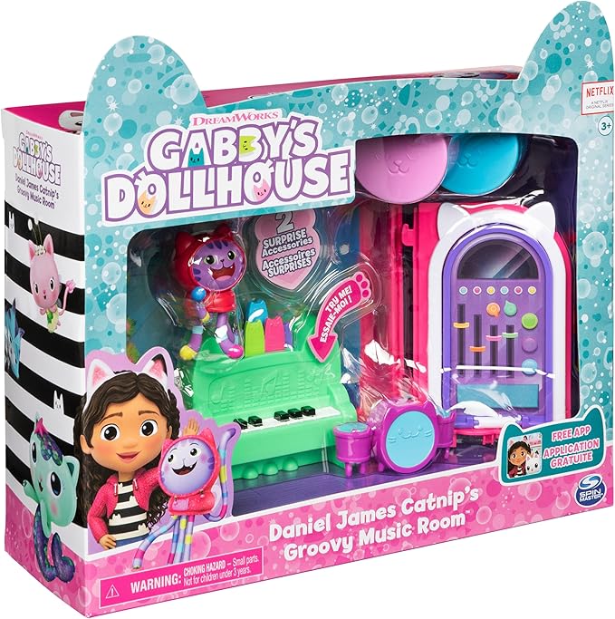 Gabby’s Dollhouse, Groovy Music Room with Daniel James Catnip Figure, 2 Accessories, 2 Furniture Pieces and 2 Deliveries, Kids Toys for Ages 3 and up