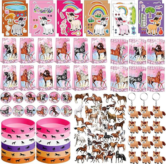 113 PCS Pink Horse Party Favors Set, 41 Horse Stickers, 12 Goodie Bags,12 Button Badges, 12 Keychains, 12mini notepads,12 rubber bracelets for Girl Women Cowgirl Horse Birthday Party Supplies (Pink)