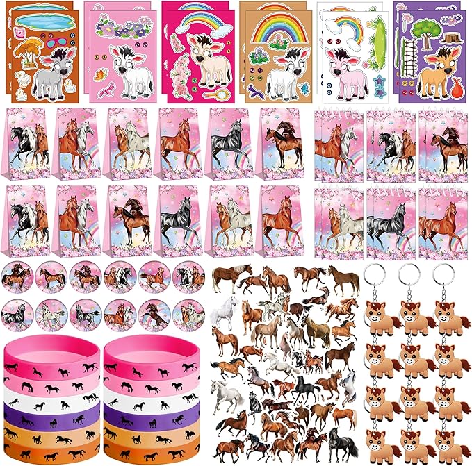 113 PCS Pink Horse Party Favors Set, 41 Horse Stickers, 12 Goodie Bags,12 Button Badges, 12 Keychains, 12mini notepads,12 rubber bracelets for Girl Women Cowgirl Horse Birthday Party Supplies (Pink)
