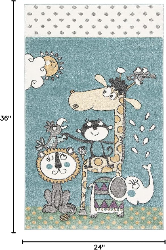 SAFAVIEH Carousel Kids Collection Accent Rug - 2' x 3', Ivory & Blue, Animal Design, Non-Shedding & Easy Care, Ideal for High Traffic Areas for Boys & Girls in Playroom, Nursery, Bedroom (CRK185A)
