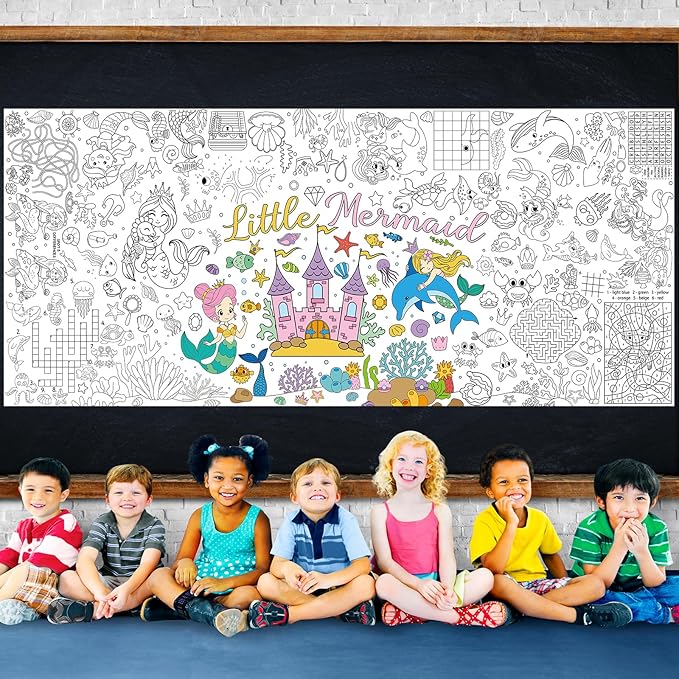 Mermaid Giant Coloring Poster for Kids 30 x 72 Inch, Mermaid Large Coloring Poster Sheets Tablecloth, Mermaid Themed Color-in Activities Games for Kids School Classroom Home Party Supplies Decorations