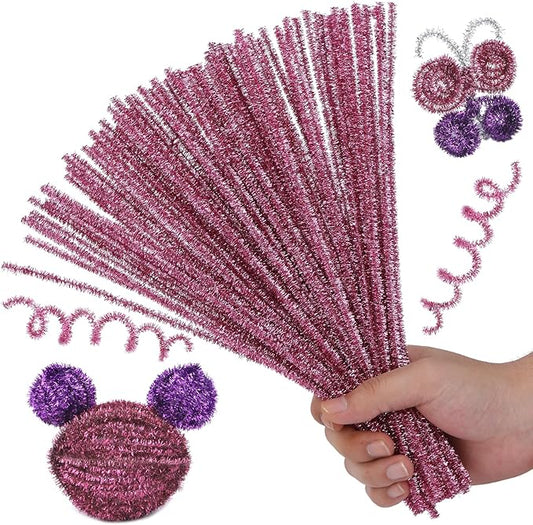 Hssugi Pipe Cleaners, 100PCS Christmas Pipe Cleaners Craft Supplies, Glitter Pink Pipe Cleaners Bulk Fuzzy Sticks for DIY Art and Craft Projects Home Decoration