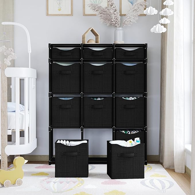 Cube Storage Organizer with Storage Bins Included - The Perfect Closet Organizers and Storage Solution. Includes 12 Storage Cubes, Great For Toy Storage, Closet Storage, Clothes Storage (Black)