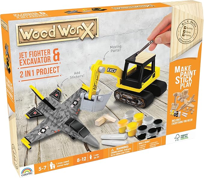 Goliath Wood Worx 2-in-1 Jet Fighter Project & Excavator Project - Make, Paint, Stick, Play - Wood Craft Kit