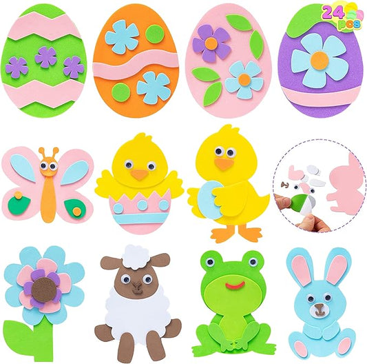 JOYIN 24 Pcs Foam Easter Egg Magnet Craft Kit, Easter Craft Kits DIY Animal and Egg Magnet Set for Kids Favor Classroom Homeschool Art Decor, Art and Craft Supplies Party Favors