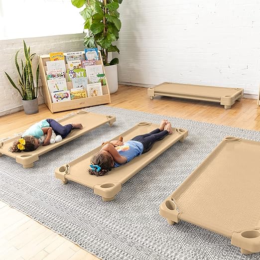 ECR4Kids Stackable Kiddie Cot, Ready-to-Assemble, Standard Size, Classroom Furniture, Sand, 6-Pack