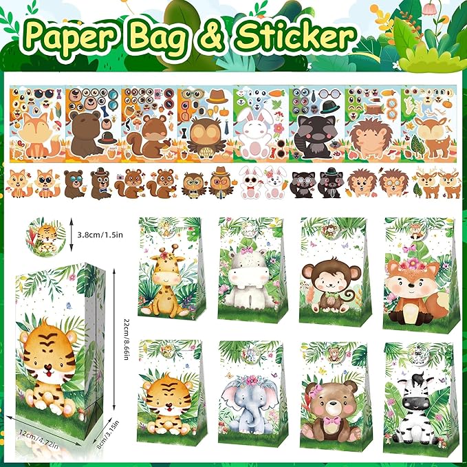 XIPEGPA 88 PCS Jungle Safari Party Favors Set Wild Animals Theme Bags Masks Stickers Slap Bracelets for Birthday Baby Shower Goodie Bag Fillers Jungle Safari Party Supplies