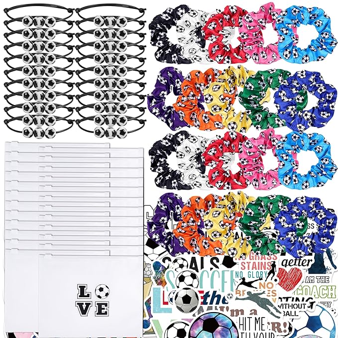 Kolewo4ever Girls' Soccer Gift Set - 160 Pieces Accessory Set Including Soccer Scrunchies, Bracelets, Makeup Bags, and Stickers - Multicolor