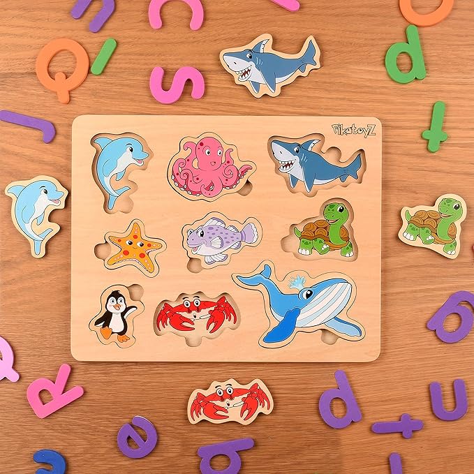 Wood Puzzles for Toddlers 1-3. Wooden Toys for 1 2 3 Year Old of sea Animal Puzzles for Kids. Ideal Montessori Puzzle Gift. Baby Puzzles for Travel. Improved Peg Puzzles for 1 2 3 Year Old.
