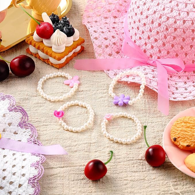Zhanmai 4 Pcs Christmas Girl Tea Party Hats Straw Hat for Girls Sun Dress up Hats for Kids Toddlers with 4 Pcs Pearl Bracelets for Children Costume Birthday Party Supplies Christmas Beach Travel Gifts