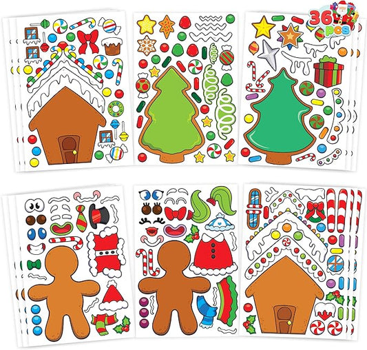 JOYIN 36 Pcs Christmas Make-a-face Sticker Sheets Make Your Own Xmas Cute Stickers with Gingerbread and Tree Sticker Series Design for Kids Party Favor, Art Craft Supplies, Classroom Activities Game