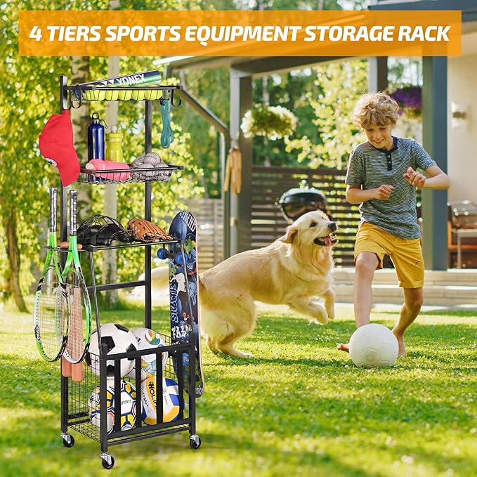 PLKOW Sports Equipment Storage for Garage, Indoor/Outdoor Sports Rack for Garage, Ball Storage Garage Organizer with Basket and Hooks,Toy/Sports Gear Storage