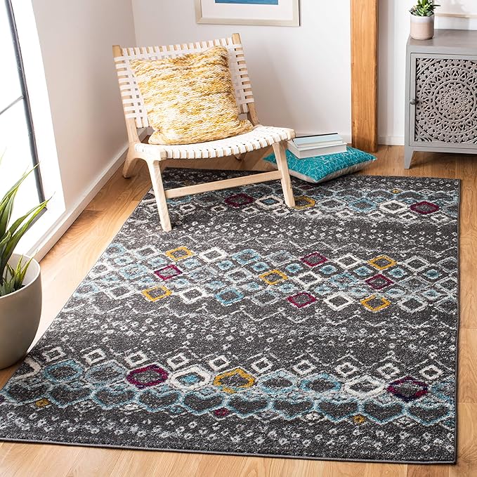 SAFAVIEH Amsterdam Collection Accent Rug - 4' x 6', Dark Grey & Ivory, Moroccan Boho Design, Non-Shedding & Easy Care, Ideal for High Traffic Areas in Entryway, Living Room, Bedroom (AMS108H)