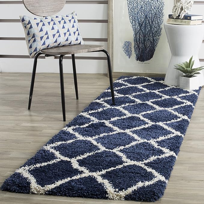 SAFAVIEH Hudson Shag Collection Runner Rug - 2'3" x 14', Navy & Ivory, Moroccan Trellis Design, Non-Shedding & Easy Care, 2-inch Thick Ideal for High Traffic Areas in Living Room, Bedroom (SGH283C)