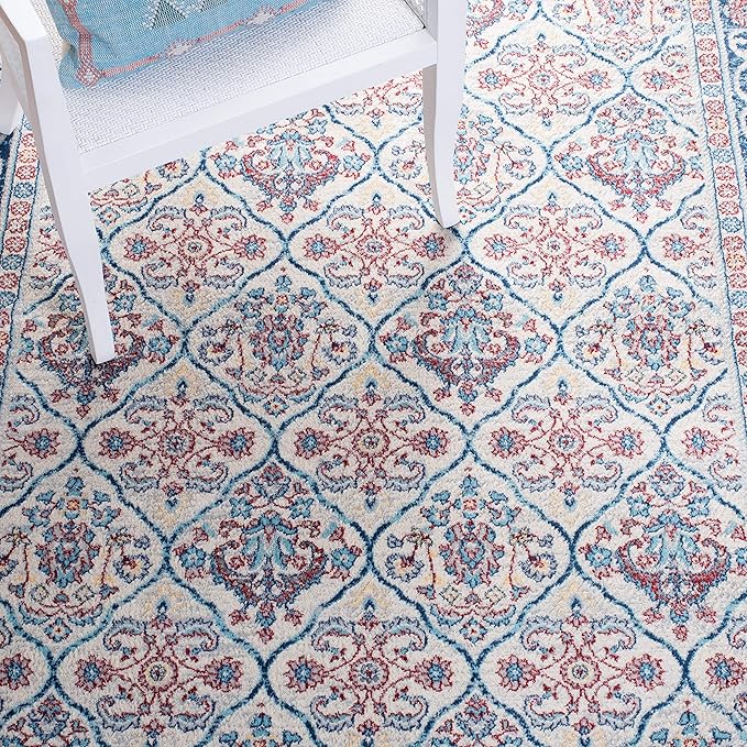 SAFAVIEH Brentwood Collection 2' x 8' Beige / Navy BNT870B Oriental Damask Trellis Non-Shedding Living Room Entryway Foyer Hallway Bedroom Runner Rug