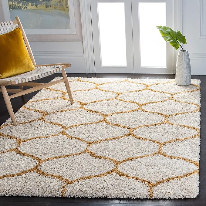 SAFAVIEH Hudson Shag Collection Accent Rug - 4' x 6', Ivory & Gold, Trellis Design, Non-Shedding & Easy Care, 2-inch Thick Ideal for High Traffic Areas in Entryway, Living Room, Bedroom (SGH280F)