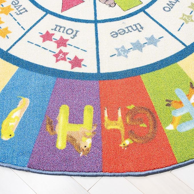 SAFAVIEH Kids Playhouse Collection Area Rug - 5' Round, Beige & Blue, Non-Shedding Machine Washable & Slip Resistant Ideal for High Traffic Areas for Boys & Girls in Playroom, Bedroom (KPH225A)