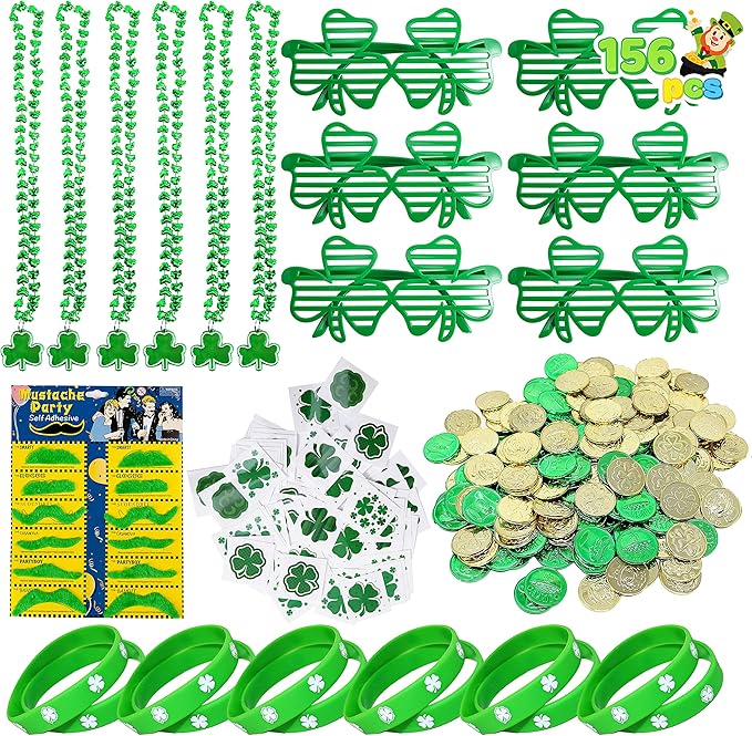 JOYIN 156 Pcs St. Patrick's Day Party Favor Set, 6 Necklaces 6 Eyeglasses 12 Bracelets 72 Temporary Tattoos 12 PCS Mustache 48 Plastic Coins St Patricks Day Accessories
