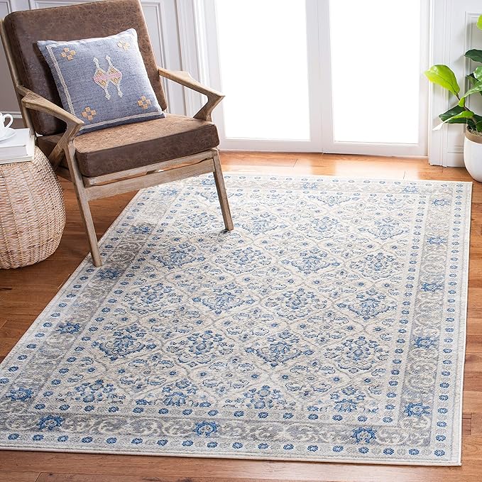 SAFAVIEH Brentwood Collection 6' x 9' Ivory/Blue BNT870A Oriental Damask Trellis Non-Shedding Living Room Bedroom Dining Home Office Area Rug